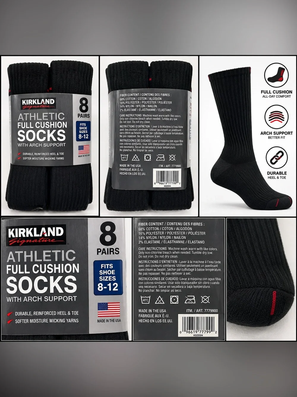 Kirkland Black Athletic Cushion Crew Socks - 8 Pairs